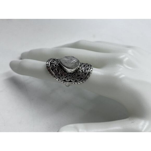 Sterling Silver Teardrop Moonstone Swirl Scrolls Bali Detail Long Ring Sz 7.5 - Picture 7 of 16